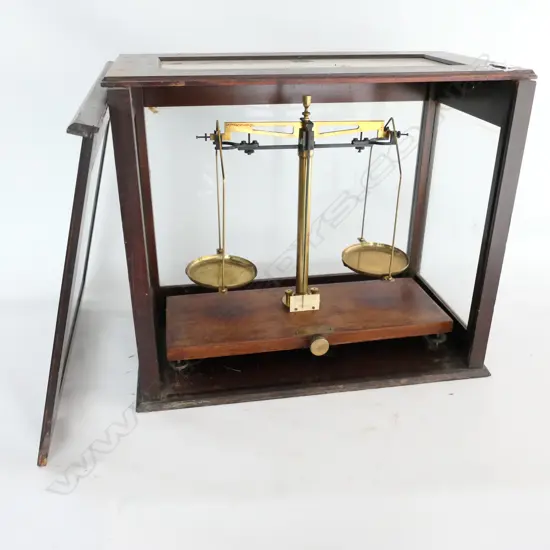 SET OF CHEMICAL BALANCE SCALES IN GLAZED CASE
